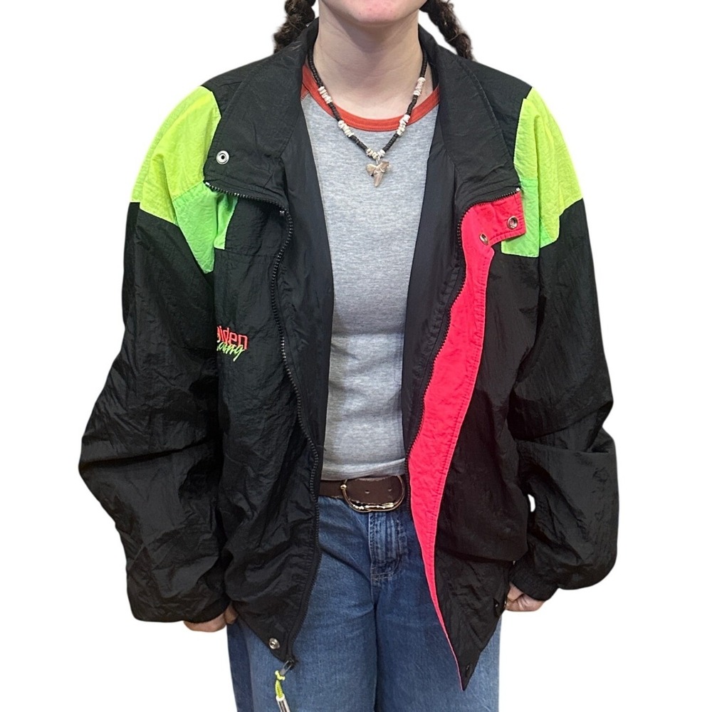Vintage Uniden Racing Windbreaker Jacket 90s Colorblock Neon Black Mens Large